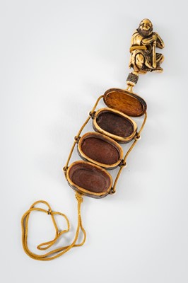 Lot 1441 - AN ENAMELED MINIATURE TWO-CASE ANTLER INRO WITH NETSUKE AND OJIME