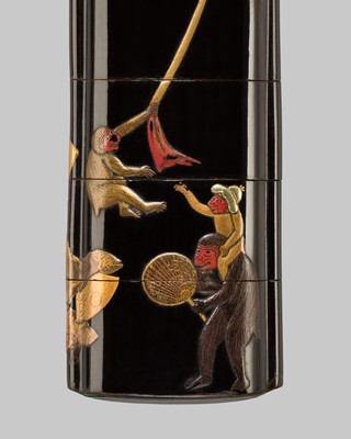 A TALL FIVE-CASE LACQUER INRO DEPICTING PERFORMING MONKEYS