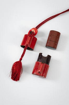 Lot 1444 - A SET OF THREE INRO: A LARGE TSUISHU INRO, A BAMBOO AND MARQUETRY INRO, AND A MINIATURE INRO