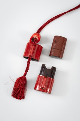 Lot 1444 - A SET OF THREE INRO: A LARGE TSUISHU INRO, A BAMBOO AND MARQUETRY INRO, AND A MINIATURE INRO