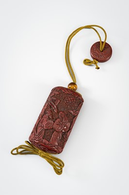 Lot 1444 - A SET OF THREE INRO: A LARGE TSUISHU INRO, A BAMBOO AND MARQUETRY INRO, AND A MINIATURE INRO