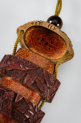 Lot 1444 - A SET OF THREE INRO: A LARGE TSUISHU INRO, A BAMBOO AND MARQUETRY INRO, AND A MINIATURE INRO