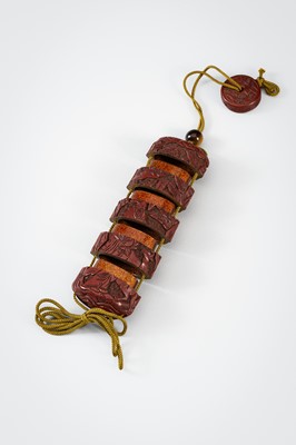 Lot 1444 - A SET OF THREE INRO: A LARGE TSUISHU INRO, A BAMBOO AND MARQUETRY INRO, AND A MINIATURE INRO