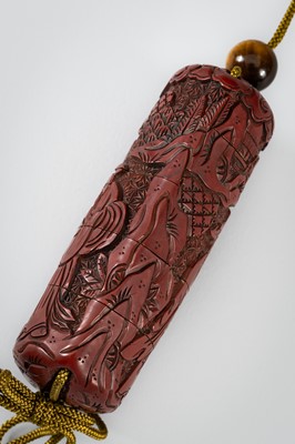 Lot 1444 - A SET OF THREE INRO: A LARGE TSUISHU INRO, A BAMBOO AND MARQUETRY INRO, AND A MINIATURE INRO