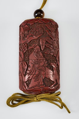 Lot 1444 - A SET OF THREE INRO: A LARGE TSUISHU INRO, A BAMBOO AND MARQUETRY INRO, AND A MINIATURE INRO