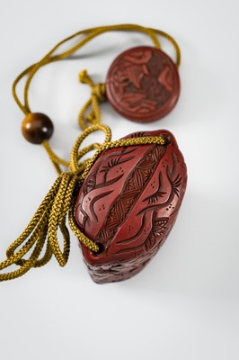 Lot 1444 - A SET OF THREE INRO: A LARGE TSUISHU INRO, A BAMBOO AND MARQUETRY INRO, AND A MINIATURE INRO