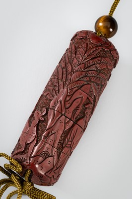 Lot 1444 - A SET OF THREE INRO: A LARGE TSUISHU INRO, A BAMBOO AND MARQUETRY INRO, AND A MINIATURE INRO