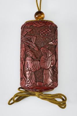 Lot 1444 - A SET OF THREE INRO: A LARGE TSUISHU INRO, A BAMBOO AND MARQUETRY INRO, AND A MINIATURE INRO