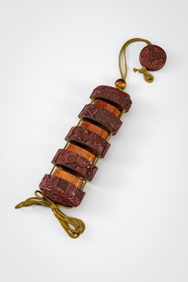 Lot 1444 - A SET OF THREE INRO: A LARGE TSUISHU INRO, A BAMBOO AND MARQUETRY INRO, AND A MINIATURE INRO