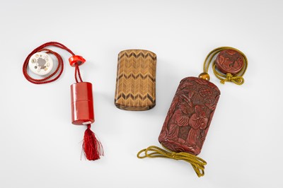 Lot 1444 - A SET OF THREE INRO: A LARGE TSUISHU INRO, A BAMBOO AND MARQUETRY INRO, AND A MINIATURE INRO