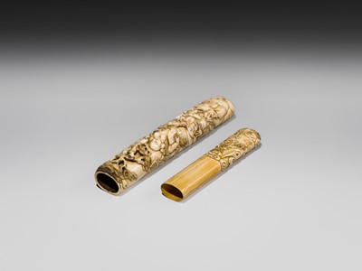 Lot 54 - A FINE IVORY KISERUZUTSU WITH THE SEVEN LUCKY GODS (SHICHIFUKUJIN)