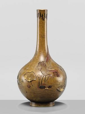Lot 23 - NOGAWA: A FINE INLAID BRONZE MINIATURE BOTTLE VASE WITH FLOWERS