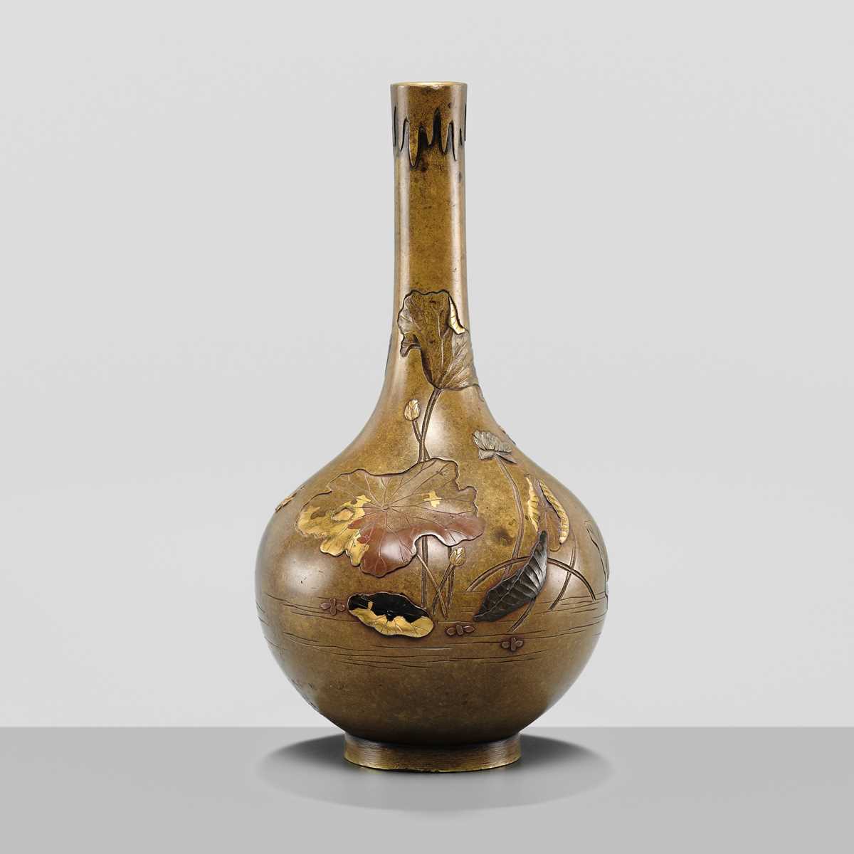 Lot 23 - NOGAWA: A FINE INLAID BRONZE MINIATURE BOTTLE VASE WITH FLOWERS