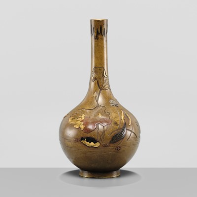 Lot 23 - NOGAWA: A FINE INLAID BRONZE MINIATURE BOTTLE VASE WITH FLOWERS