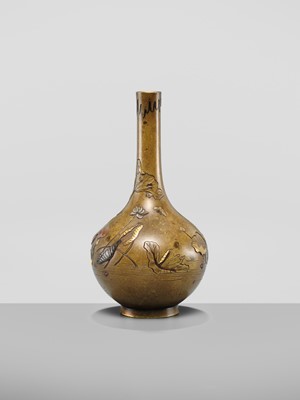 Lot 23 - NOGAWA: A FINE INLAID BRONZE MINIATURE BOTTLE VASE WITH FLOWERS