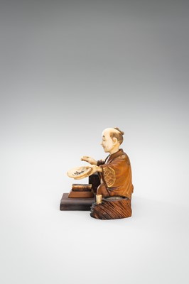 Lot 309 - A LOT WITH TWO TOKYO SCHOOL INLAID WOOD OKIMONO OF SELLERS