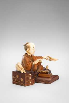 Lot 309 - A LOT WITH TWO TOKYO SCHOOL INLAID WOOD OKIMONO OF SELLERS