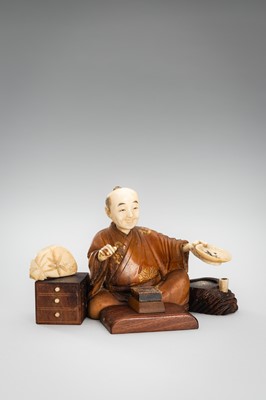 Lot 309 - A LOT WITH TWO TOKYO SCHOOL INLAID WOOD OKIMONO OF SELLERS