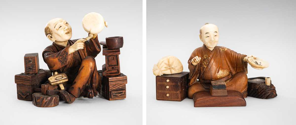 Lot 309 - A LOT WITH TWO TOKYO SCHOOL INLAID WOOD OKIMONO OF SELLERS