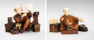 Lot 309 - A LOT WITH TWO TOKYO SCHOOL INLAID WOOD OKIMONO OF SELLERS