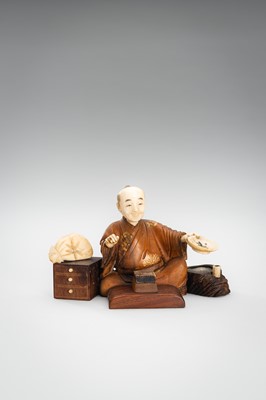 Lot 309 - A LOT WITH TWO TOKYO SCHOOL INLAID WOOD OKIMONO OF SELLERS