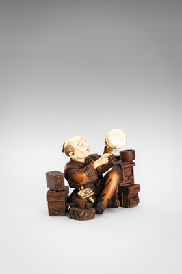 Lot 309 - A LOT WITH TWO TOKYO SCHOOL INLAID WOOD OKIMONO OF SELLERS
