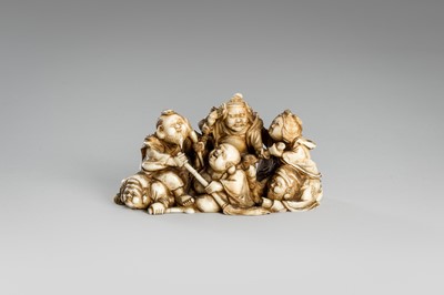Lot 314 - RYOMIN: A FINE IVORY NETSUKE OKIMONO OF THE SHICHIFUKUJIN (SEVEN LUCKY GODS)