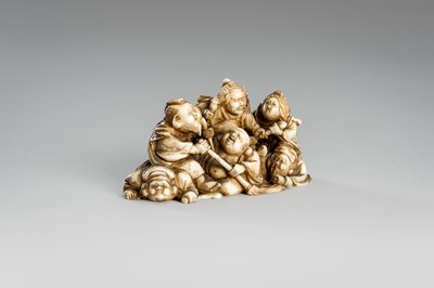 Lot 314 - RYOMIN: A FINE IVORY NETSUKE OKIMONO OF THE SHICHIFUKUJIN (SEVEN LUCKY GODS)