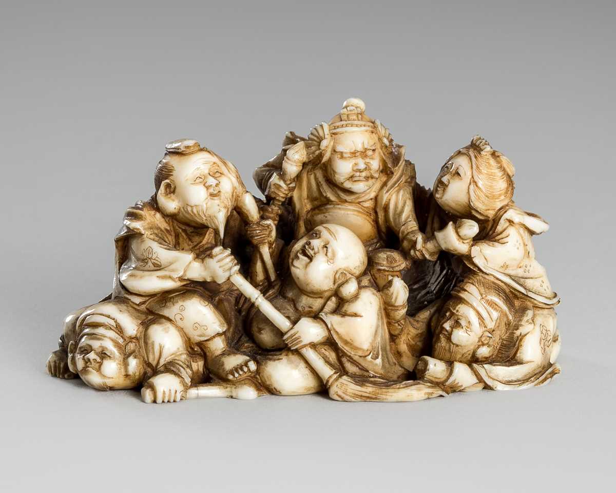Lot 314 - RYOMIN: A FINE IVORY NETSUKE OKIMONO OF THE SHICHIFUKUJIN (SEVEN LUCKY GODS)