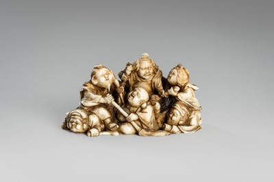 Lot 314 - RYOMIN: A FINE IVORY NETSUKE OKIMONO OF THE SHICHIFUKUJIN (SEVEN LUCKY GODS)