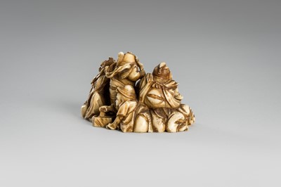 Lot 314 - RYOMIN: A FINE IVORY NETSUKE OKIMONO OF THE SHICHIFUKUJIN (SEVEN LUCKY GODS)