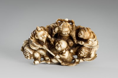 Lot 314 - RYOMIN: A FINE IVORY NETSUKE OKIMONO OF THE SHICHIFUKUJIN (SEVEN LUCKY GODS)