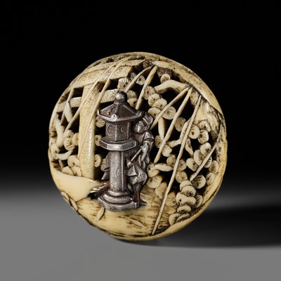 Lot 322 - A FINE SILVER-INLAID WALRUS TUSK RYUSA MANJU NETSUKE OF A TEMPLE SCENE