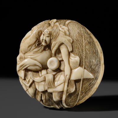 Lot 291 - GYOKKOSAI: A VERY LARGE WALRUS MANJU NETSUKE OF NITTA SHIRO TADATSUNE SLAYING THE GIANT BOAR