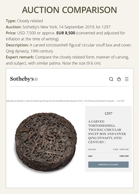 Lot 132 - A CARVED TORTOISESHELL ‘FIGURAL’ SNUFF BOX AND COVER, QING DYNASTY