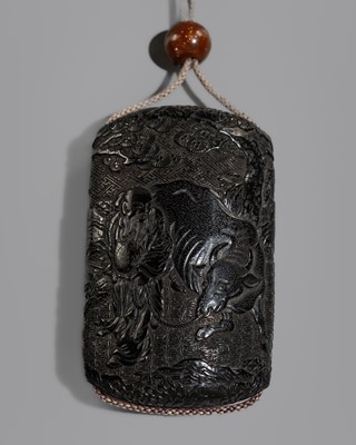 Lot 132 - A THREE-CASE TSUIKOKU (CARVED BLACK LACQUER) INRO DEPICTING SAGES WITH A BULL