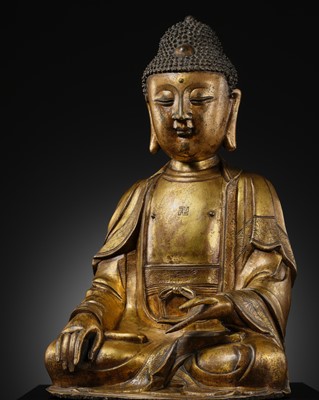 Lot 49 - A LARGE GILT-BRONZE FIGURE OF BUDDHA, MING DYNASTY