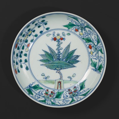 Lot 571 - A DOUCAI ‘POMEGRANATE AND FOLIAGE’ DISH, YONGZHENG MARK AND PERIOD