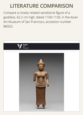 Lot 257 - A SANDSTONE FIGURE OF LAKSHMI, ANGKOR WAT STYLE, ANGKOR PERIOD