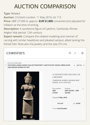 Lot 257 - A SANDSTONE FIGURE OF LAKSHMI, ANGKOR WAT STYLE, ANGKOR PERIOD