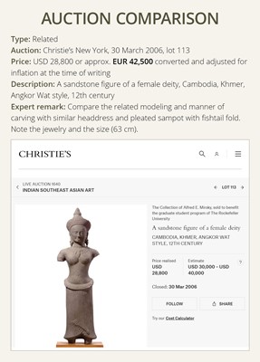 Angkor 女神石像 Sambuor Prei Kuk 19世紀 1800年代 Sculpture (1) - Sandstone - Female deity, maybeLakshmi or Durga