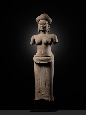 Lot 257 - A SANDSTONE FIGURE OF LAKSHMI, ANGKOR WAT STYLE, ANGKOR PERIOD