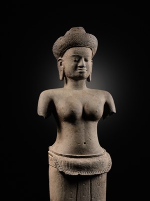 Lot 257 - A SANDSTONE FIGURE OF LAKSHMI, ANGKOR WAT STYLE, ANGKOR PERIOD