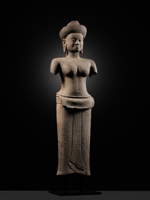 Lot 257 - A SANDSTONE FIGURE OF LAKSHMI, ANGKOR WAT STYLE, ANGKOR PERIOD