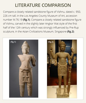 Lot 254 - A RARE AND IMPORTANT SANDSTONE FIGURE OF VISHNU, ANGKOR PERIOD, PRE-RUP STYLE