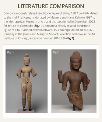 Lot 253 - A FINE SANDSTONE FIGURE OF VISHNU, BAPHUON STYLE, ANGKOR PERIOD