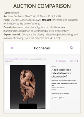 Lot 194 - A PINK SANDSTONE FIGURE OF A CELESTIAL BEAUTY, SURASUNDARI, 11TH CENTURY