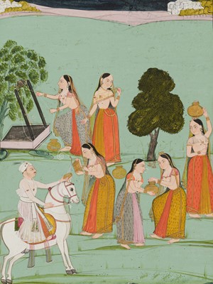 Lot 645 - AN INDIAN MINIATURE PAINTING OF A PRINCE PAUSING AT A WELL, 18TH CENTURY