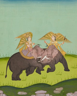 Lot 206 - AN INDIAN MINIATURE PAINTING OF KINNARIS RIDING RAMPAGING ELEPHANTS