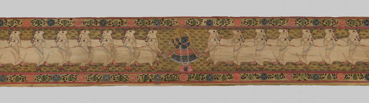 Lot 643 - A LARGE PICCHVAI DEPICTING KRISHNA AS SHRI NATHJI AT GOPASHTAMI, NATHDWARA